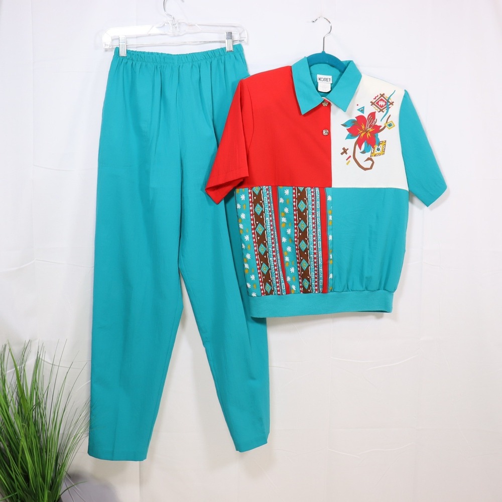 Koret Pant Set Medium Teal Red Women Vintage Colorblock Floral Retro